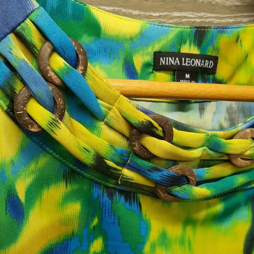 Nina Leonard blue yellow green summer dress - Picture 3 of 6
